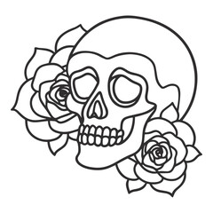 Minimalist Gothic Skull and Roses Black and White Line Art