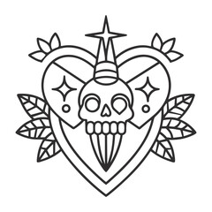 Minimalist Symmetric Skull, Heart, and Stars Black and White Outline