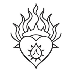 Minimalist Black and White Sacred Flaming Heart Gothic Tattoo Vector