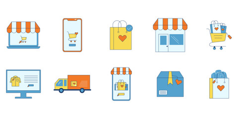 Set of online shopping promotion sale. Shopping bags, mobile app, shipping, for e-commerce and retail. Vector isolated.