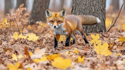 Fototapeta premium Red Fox Posing in Autumn Leaves