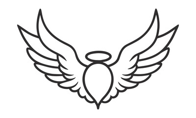 Minimalist Black and White Angel with Halo and Outstretched Wings