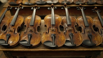 Naklejka premium Row of Antique Violins on Display