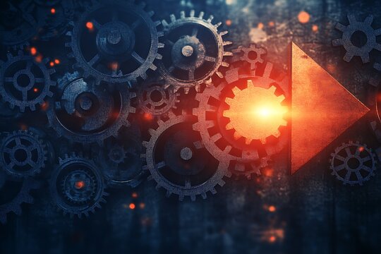 Mechanical Gears with Glowing Arrow, Complex System, Abstract Technology. - Powered by Adobe