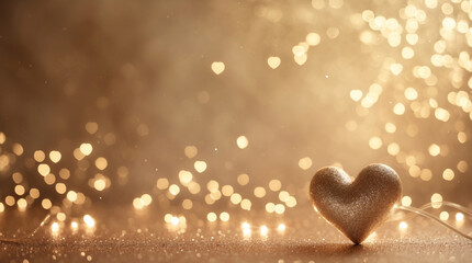Obraz premium Warm golden dreamy abstract heart bokeh light romantic glowing background visual for valentine theme wedding card or digital artwork aesthetic romantic wallpaper background photo