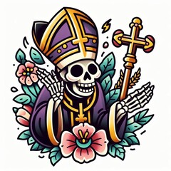 Cartoon priest skeleton artwork with cross and flowers, tattoo design
