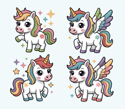 Flying Unicorns Illustration &ndash; Cute Fantasy Pony Set
