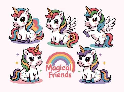 Magical Unicorn Set &ndash; Cute Rainbow Fantasy Illustration