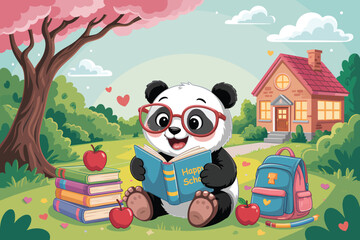 Panda School Time Illustration – Learning Outdoors for Kids