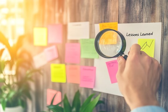 Magnifying Glass Focuses on "Lessons Learned" Among Colorful Sticky Notes and Ascending Graph.