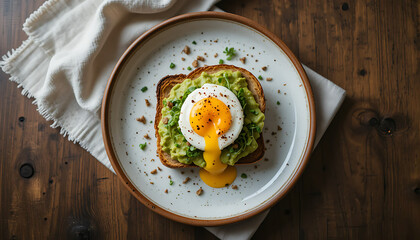 Overhead Shot of Toast with Saut&eacute;ed Greens and Sunny Side Up Egg on Rustic Plate &ndash; Healthy Breakfast Concept