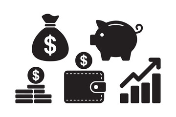 Vector set of money and business icons featuring banking, investment, and savings with piggy banks, coins, and cash