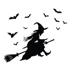 Silhouette of a flying witch on a broomstick with bats at night