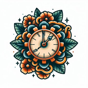 Whimsical Time, A Cartoon Tattoo Design Featuring Clock Gears and Florals