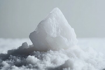 Macro Shot of a Large White Salt Crystal Resting on a Mound of Smaller Salt Particles Against a Light Gray Background