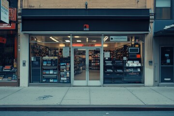 Modern retail storefront with glass entrance and shelves displaying products
