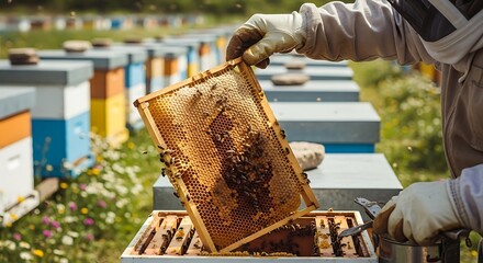 Beekeeper Inspecting Honeycomb Frame at Apiary