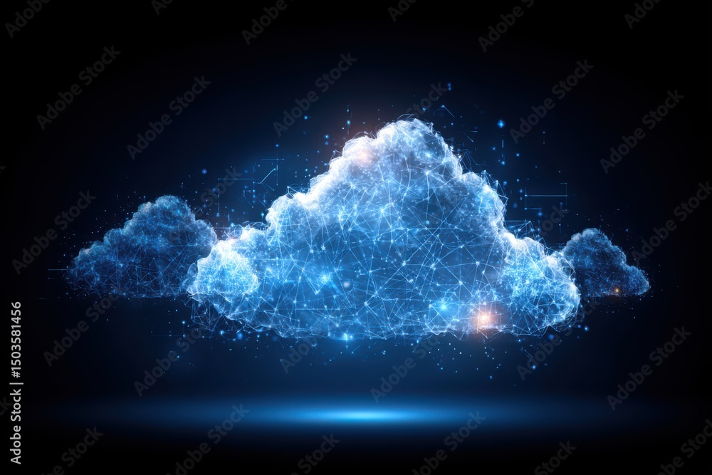 Poster a conceptual illustration of cloud computing: abstract shapes resembling clouds in a digital-themed 