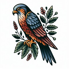 Fototapeta premium Vintage Inspired Falcon Tattoo Design with Botanical Elements Illustration