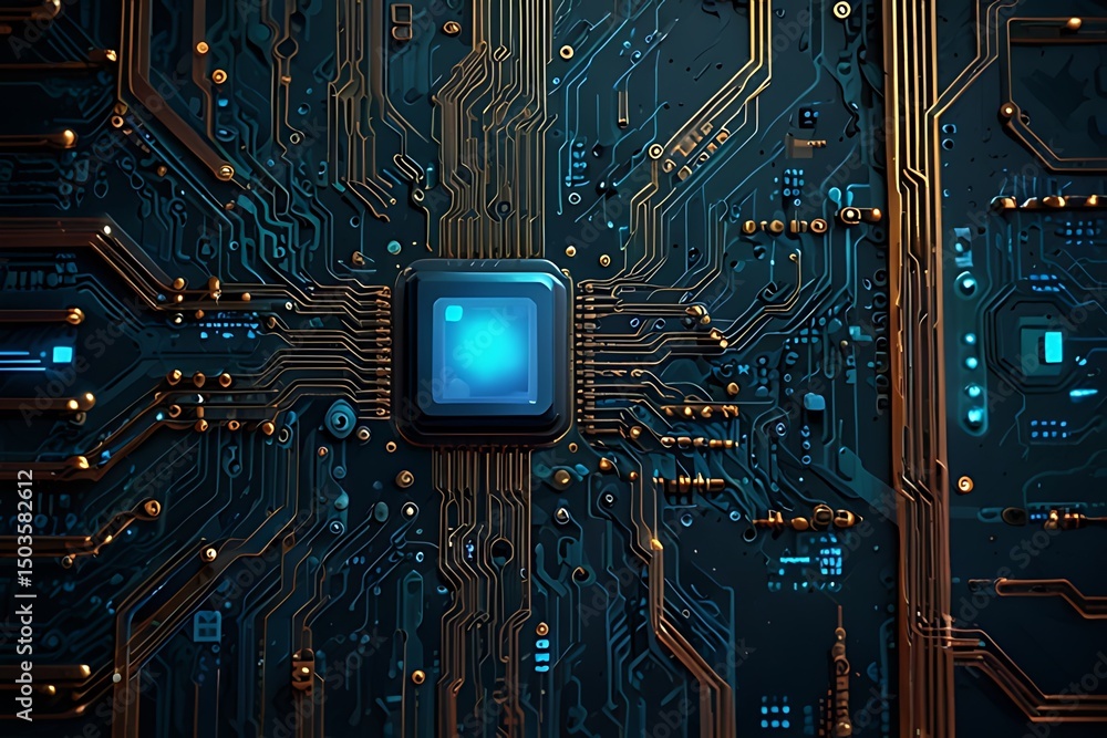 Poster abstract closeup of circuit board with central processor