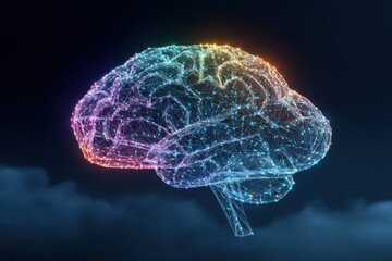 A vibrant and luminous cloud aglow with colors of yellow, pink, and purple, set against a dark sky backdrop.