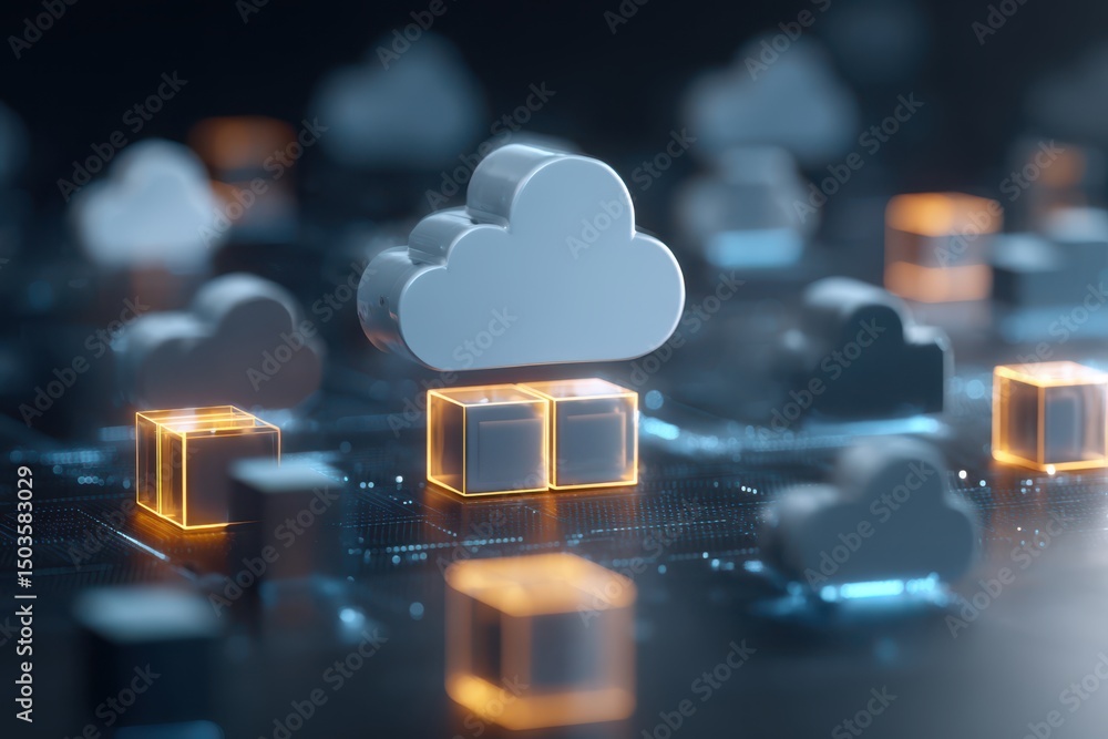 Poster an abstract digital illustration depicting cloud computing technology. various clouds of data and ne