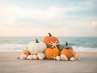 Autumn pumpkins beach scene.