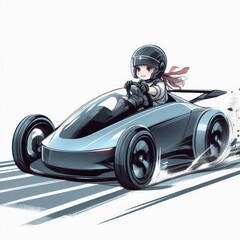 Cartoon racer girl driving an electric race car on a modern track with high-tech design and watercolor painting effects