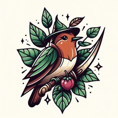 Whimsical bird adorned with folkloric hat in vibrant cartoon tattoo design