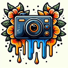 Retro Camera Icon with Floral Accents and dripping paints unique illustrative vector style