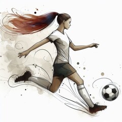 Elegant watercolor of woman skillfully controlling a soccer ball