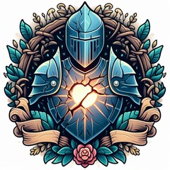 Glowing Knight Armor with Heart Crack in Cartoon Traditional Tattoo Style