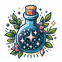 Enchanted Elixir: A Whimsical Potion Bottle with Sparkling Stars and Botanical Accents