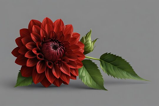 Single red dahlia flower with bud and leaves