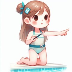 Charming cartoon girl in swimsuit pointing with excitement by the pool