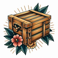 Traditional Tattoo Style Image of a Wood Crate Decorated with Flowers