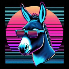 Retro wave cool donkey mule with sunglasses anime illustration vibrant colors