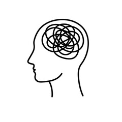Stress icon a human head with chaotic looping lines inside representing nervousness and overthinking.  Simple stress icon perfect for mental health awareness campaigns. 