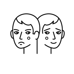 Split Personality Disorder icon,  A head with two different facial expressions sad and happy showing dual identities. 
