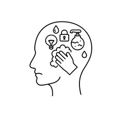 Obsessive-Compulsive Disorder  icon -  head with repetitive symbols handwashing lock order.  OCD mental health concept showing compulsions like handwashing, locking, and ordering. 