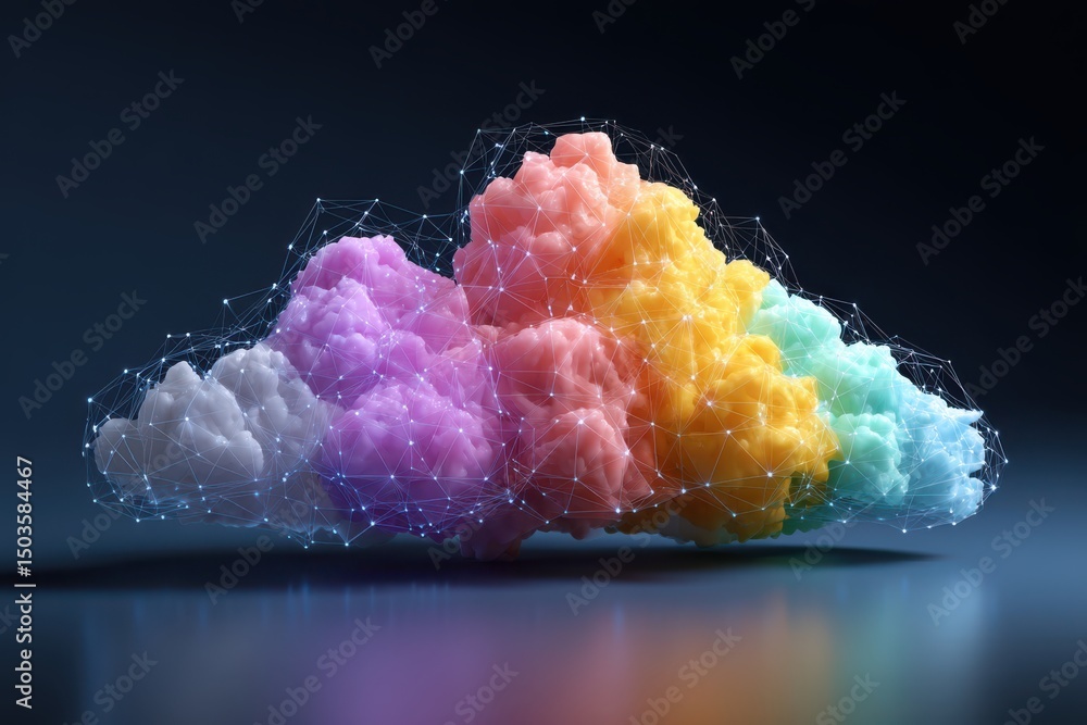 Poster a vibrant and luminous cloud with a spectrum of colors, emitting a soft glow against a dark backgrou