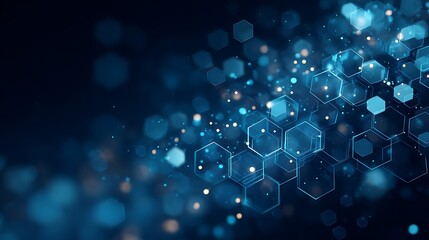 Abstract blue background with glowing hexagons and bokeh lights creating a network effect