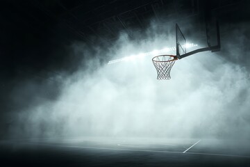 Basketball hoop with smoky arena.