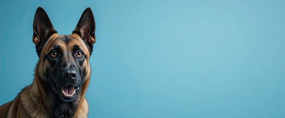 Obraz premium Alert german shepherd dog looking forward on blue background, intelligent working dog with happy expression, studio portrait for stock use and commercial projects
