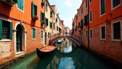 Obraz premium Narrow canal, arched bridge, single boat, Venetian buildings, peaceful, perspective, bridge