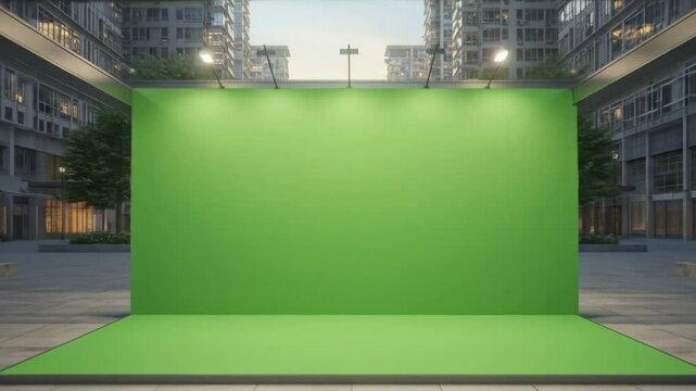 Green screen backdrop in urban setting for compositing