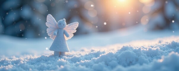 Tiny figure near colossal snow angels, winter wonderland, innocent, fun, december