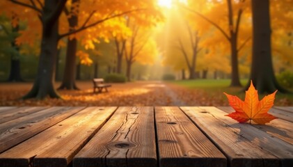 Warm wood grain tabletop, autumnal foliage setting, wooden table, brown