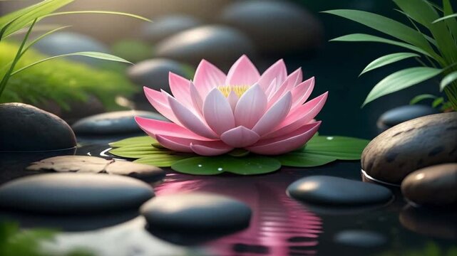 flor de loto on pond among stones and leaves with gentle light glow