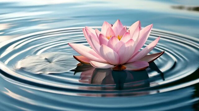 flor de loto floating on still water with pink petals and clear sky